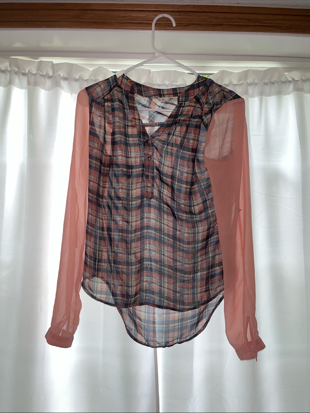 Miss Me Coral Pink Plaid Sheer-Sleeve Blouse
